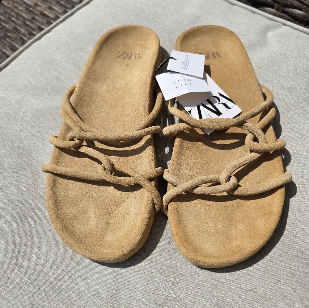 Zara Ochre Tan Brown 100% Geniune Leather Suede Straps Slides Size 8 - Picture 5 of 5